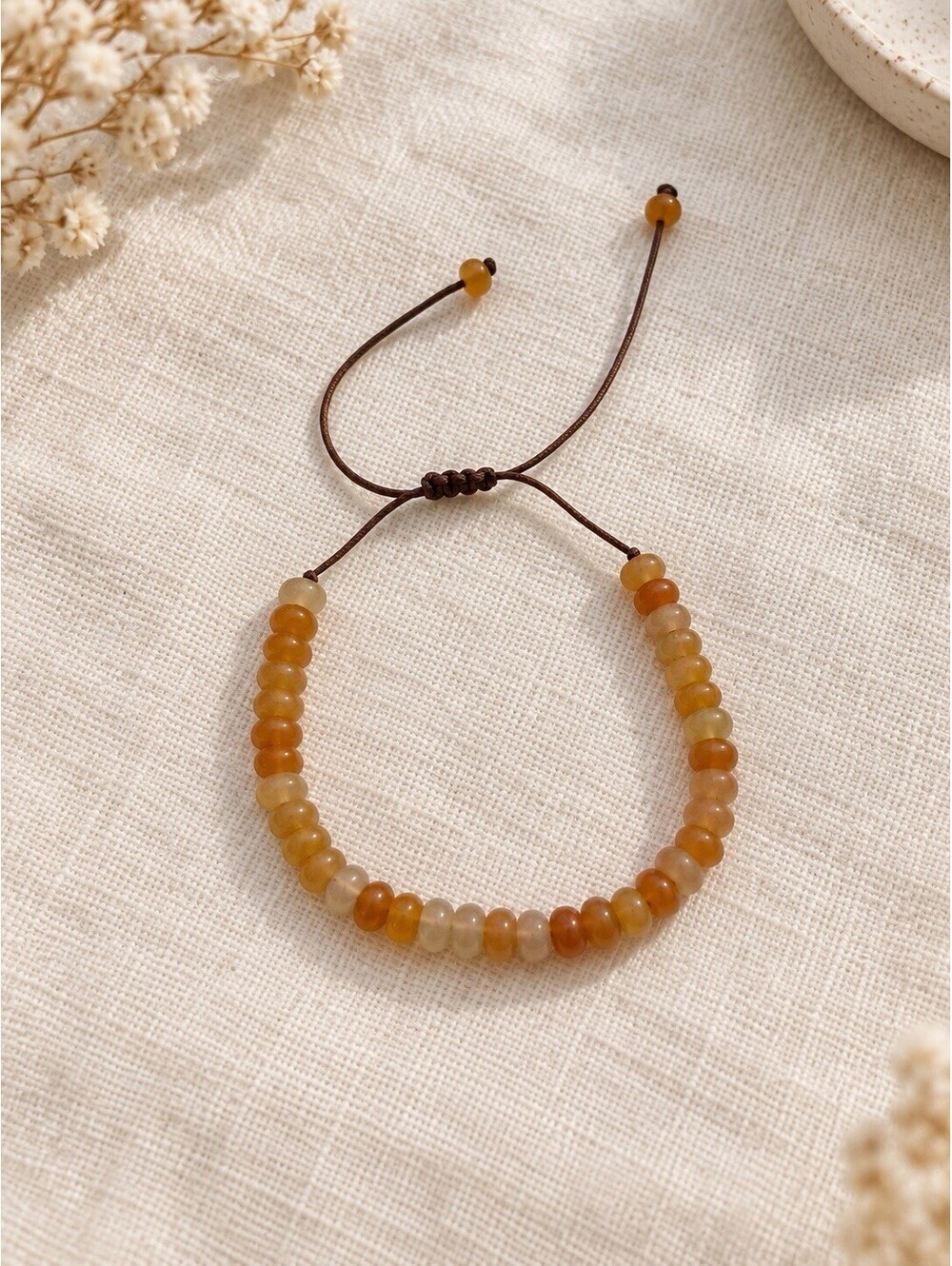 Honey Orange & Cream Beaded Adjustable Bracelet Brown Cord